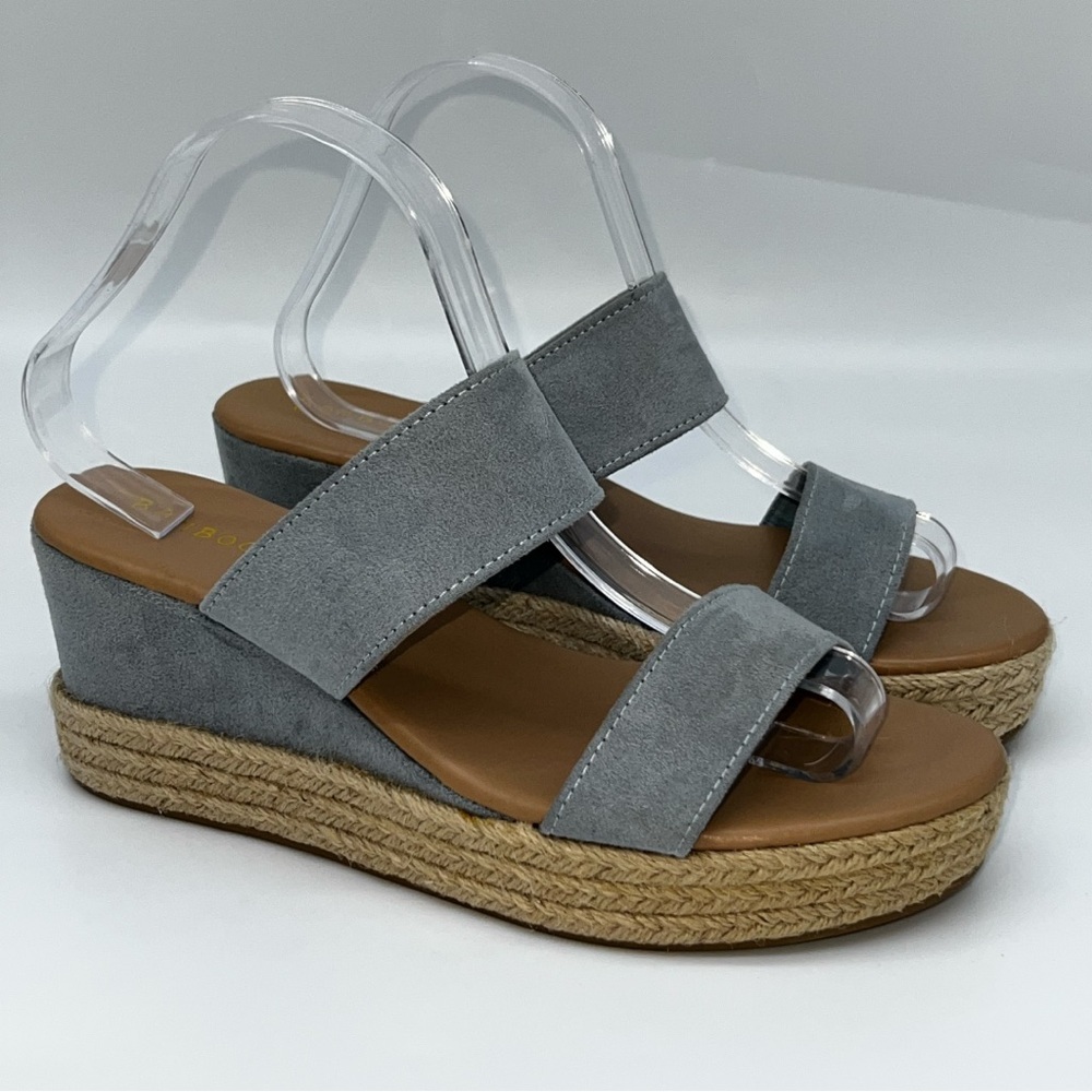 4842. Bamboo espadrilles wedge sandals two strap light denim blue faux suede